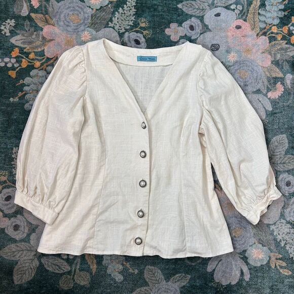 Sonja Wilson Blouse Jacket Women Large White V-Neck Button Up Pearl Button Puff - Picture 6 of 16